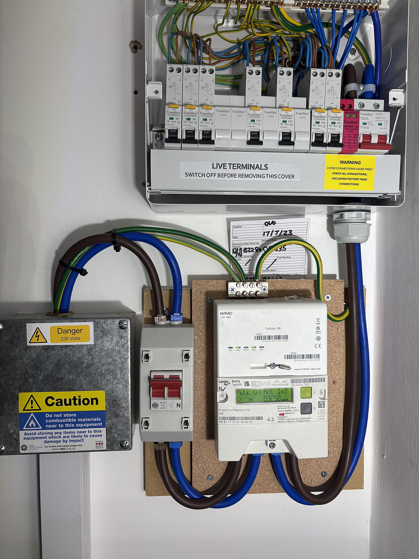 Consumer unit and meter tails mounted on a board